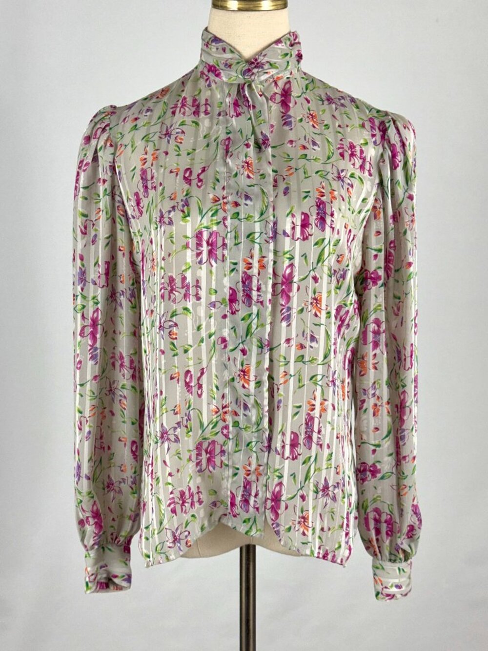 Vtg 80s Floral Striped Puff Sleeve Button Up Blouse High Neck Career Office